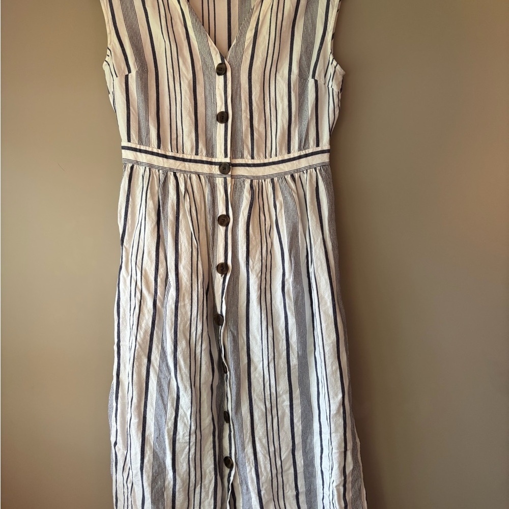 LOFT Striped Button-Down Midi Dress - Blue and White